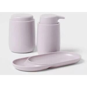 Room Essentials~ 3pc Lavender Bath Bundle Set: Soap Tray, Pump & Canister. New